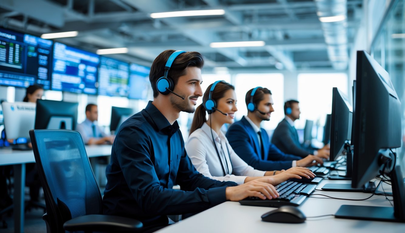 Pusat layanan pelanggan dengan staf yang menggunakan headset dan bekerja di komputer dalam ruangan terang dan modern.