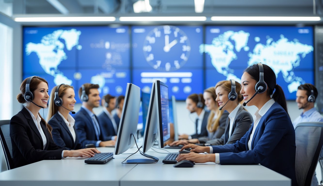 Seorang tim layanan pelanggan yang ramah bekerja di pusat layanan dengan komputer dan headset, menunjukkan dukungan pelanggan 24 jam.