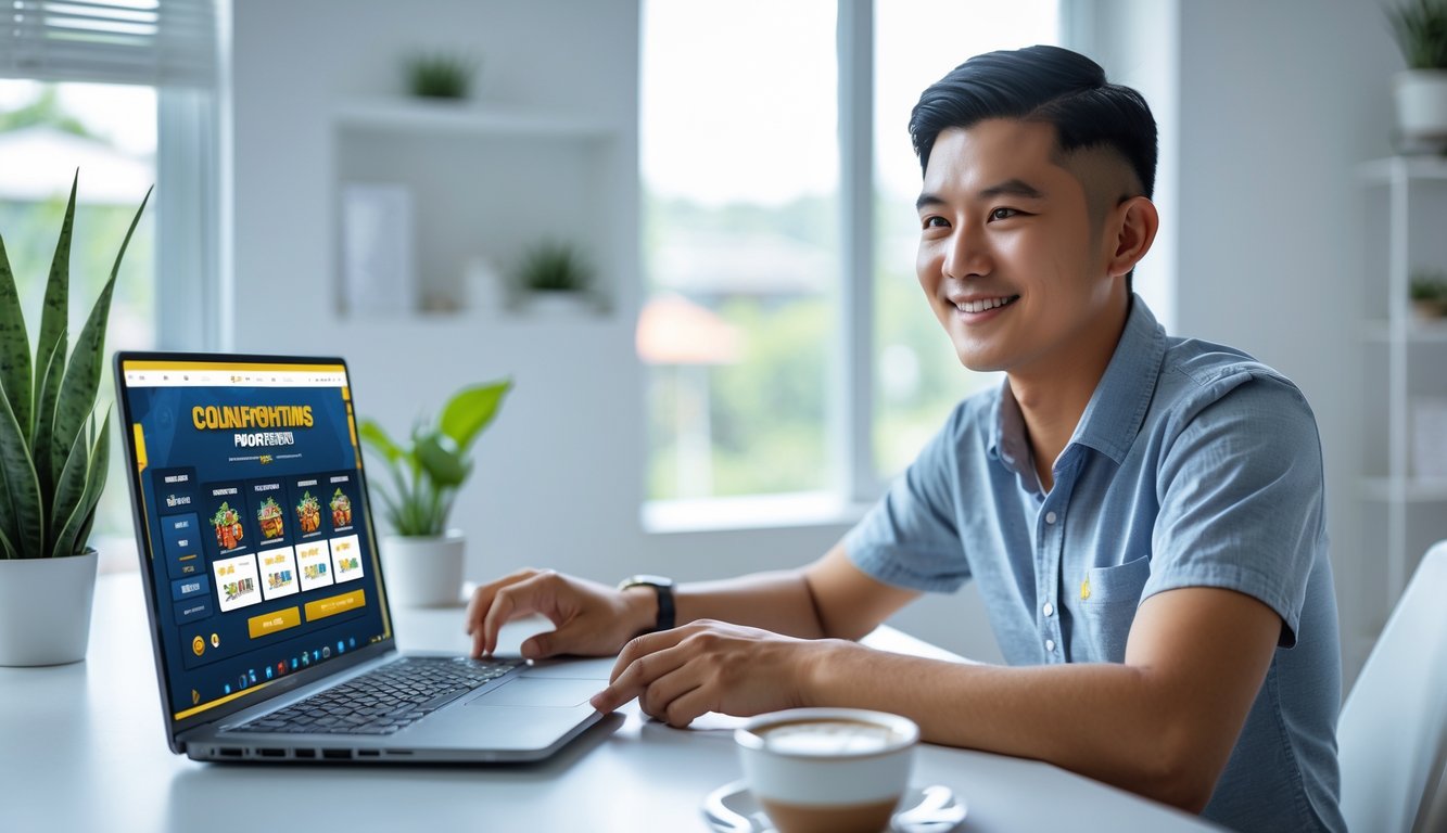 Seorang pria muda Indonesia duduk di meja dengan laptop terbuka di ruangan yang terang dan rapi, tersenyum dan fokus menggunakan situs permainan online.