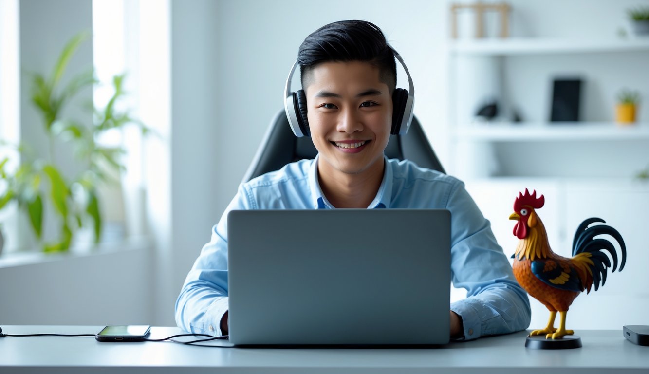 Seorang pria muda Indonesia duduk di meja dengan laptop, tampak fokus dan percaya diri menggunakan platform online.