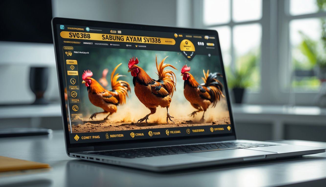 Seseorang menggunakan laptop atau ponsel yang menampilkan pertandingan sabung ayam secara langsung dengan latar belakang ruang kerja yang terang dan rapi.