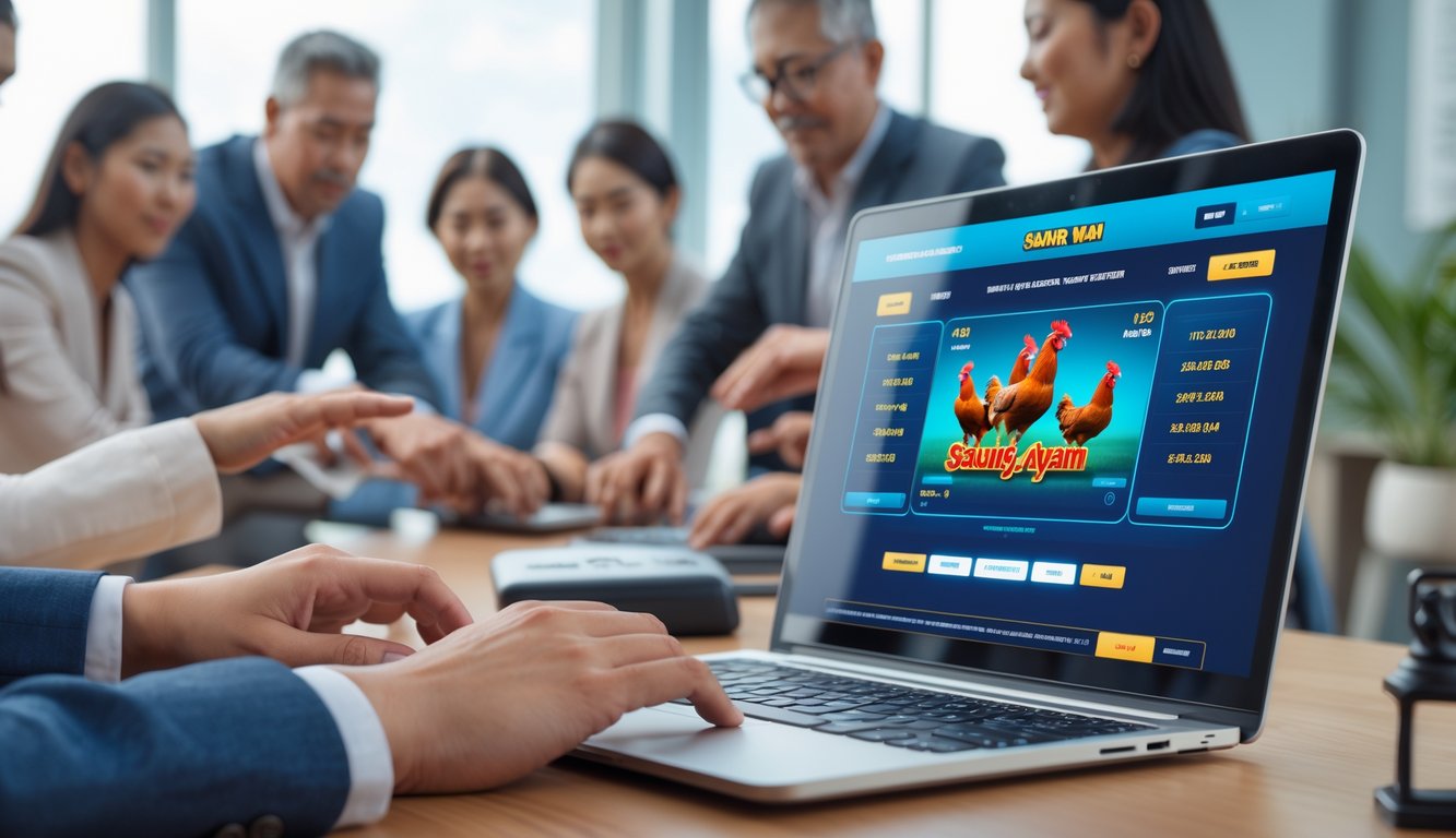 Orang-orang menggunakan perangkat digital untuk bertaruh secara online pada pertandingan sabung ayam dengan suasana yang profesional dan terpercaya.
