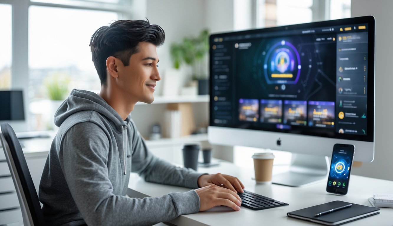 Seorang pria muda duduk di meja komputer modern, fokus menggunakan platform permainan online di layar besar di ruangan kantor rumah yang terang dan rapi.