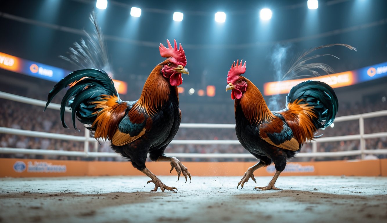 Dua ayam jago sedang bertarung di arena dengan latar belakang yang terang dan ramai.