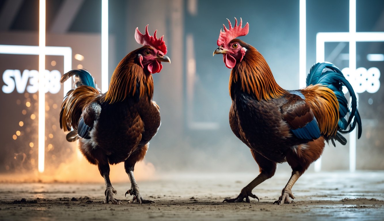 Dua ayam aduan sedang bertarung dengan latar belakang modern yang menunjukkan suasana kompetisi dan koneksi digital.