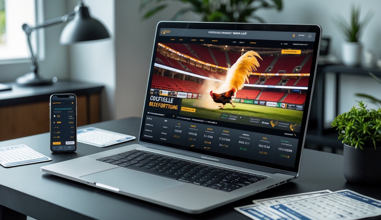 Sebuah meja kerja dengan komputer menampilkan tayangan langsung pertandingan sabung ayam berkualitas tinggi.