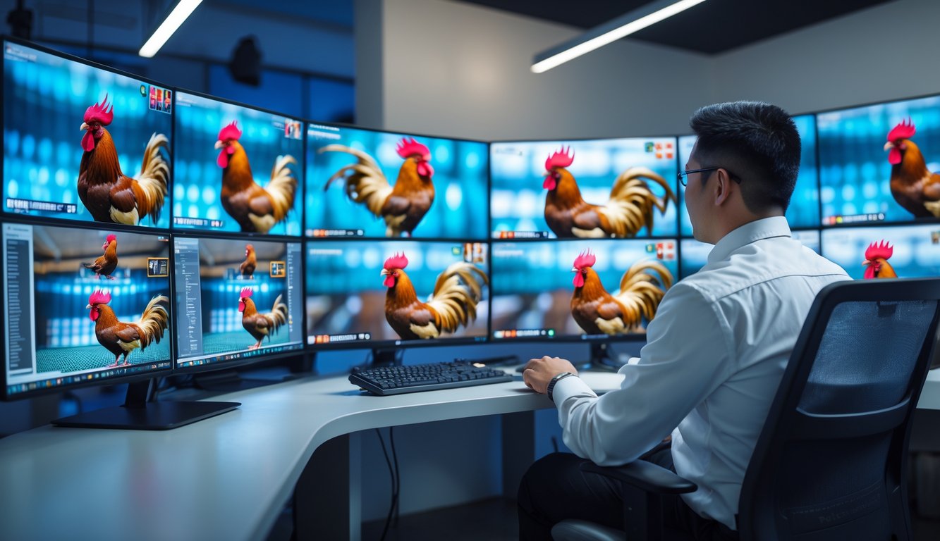 Seorang operator profesional memantau beberapa layar yang menampilkan pertandingan sabung ayam secara langsung di sebuah ruang kontrol modern.
