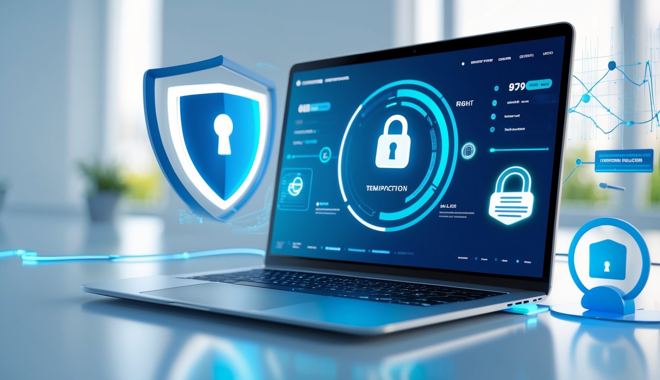 Seorang profesional menggunakan laptop dengan tampilan transaksi digital yang aman dan cepat di meja kerja.