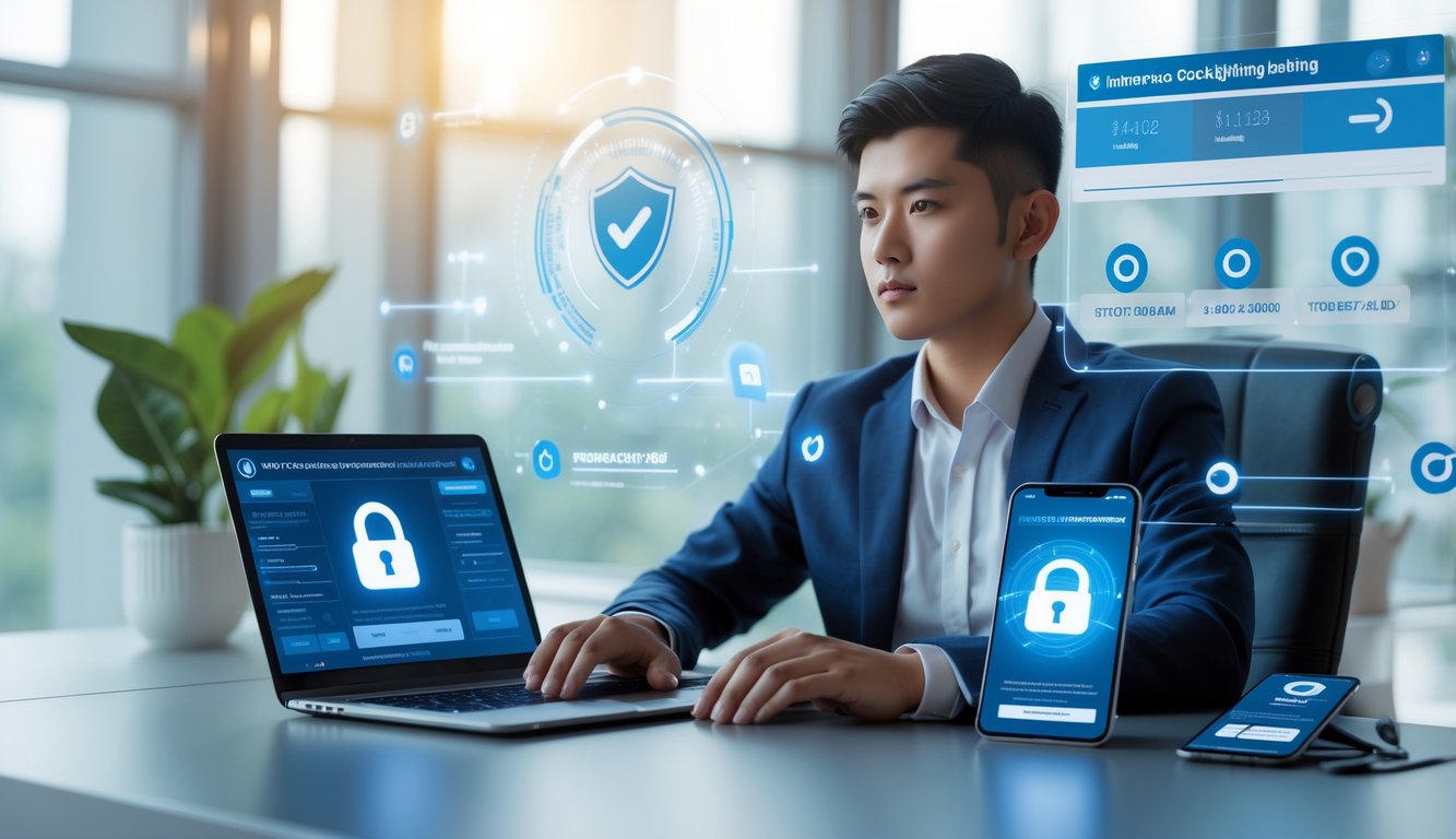 Seorang pria muda sedang menggunakan laptop dan ponsel di meja kerja modern dengan latar belakang grafis digital yang menunjukkan transaksi online yang cepat dan aman.