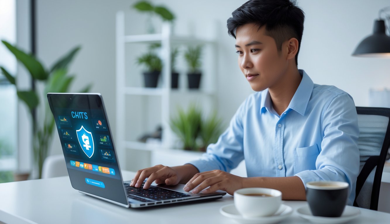 Seorang pemuda Indonesia duduk di meja dengan laptop, fokus bermain judi online dalam suasana rumah yang nyaman dan aman.