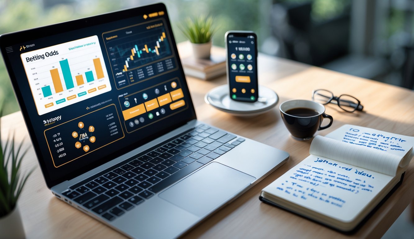 Meja kerja modern dengan laptop, smartphone, buku catatan, dan cangkir kopi yang menunjukkan suasana fokus untuk strategi judi online.