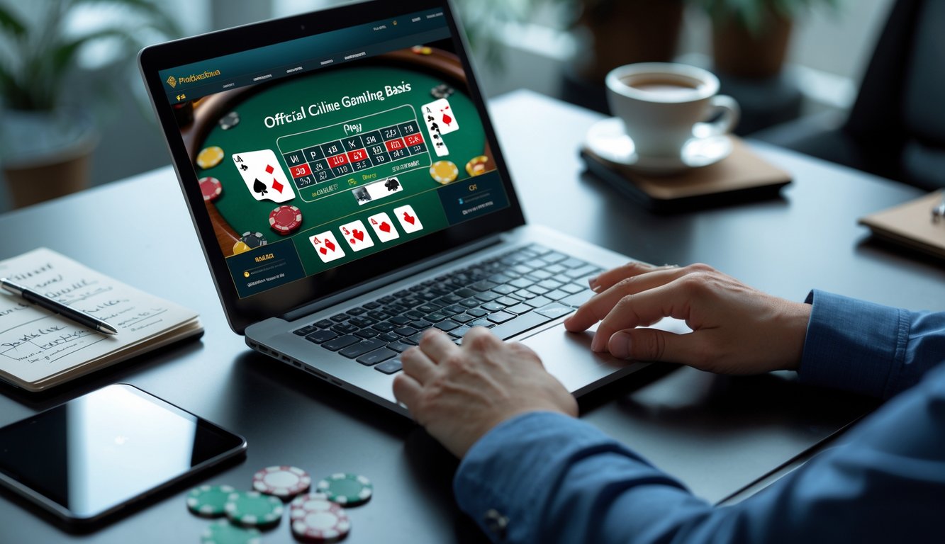 Seorang individu sedang menggunakan laptop dengan tampilan permainan kasino digital di meja kerja yang rapi dan terang.