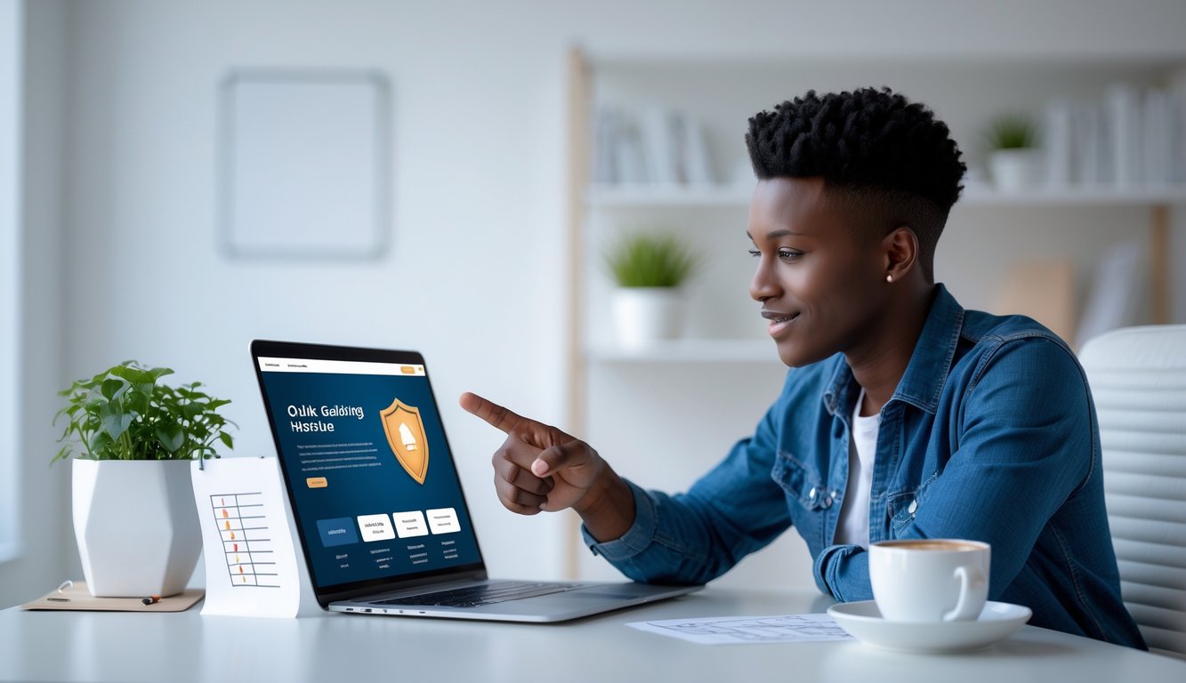 Seorang dewasa muda duduk di meja dengan laptop, menunjuk layar sambil memilih situs judi online terpercaya.