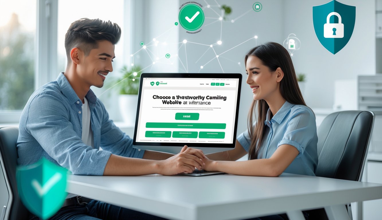 Dua orang muda sedang duduk di meja kerja dengan laptop, fokus memilih situs judi online yang terpercaya.