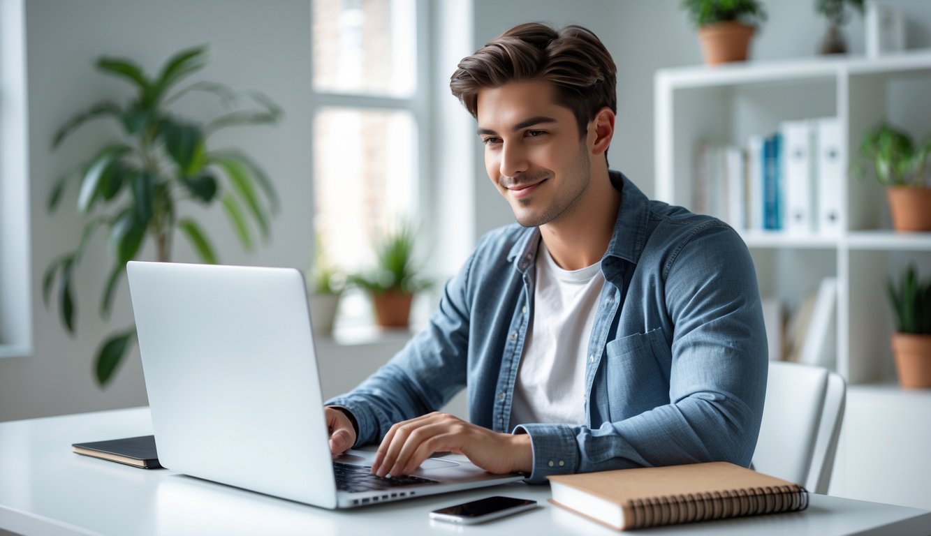 Seorang pria muda duduk di meja kerja dengan laptop dan buku catatan di ruangan yang terang dan rapi.