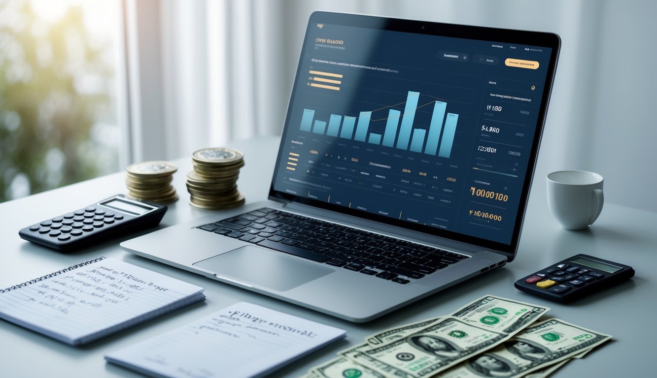 Meja kerja dengan laptop yang menampilkan antarmuka judi online, kalkulator, catatan, dan uang, menggambarkan pengelolaan modal bermain judi online.