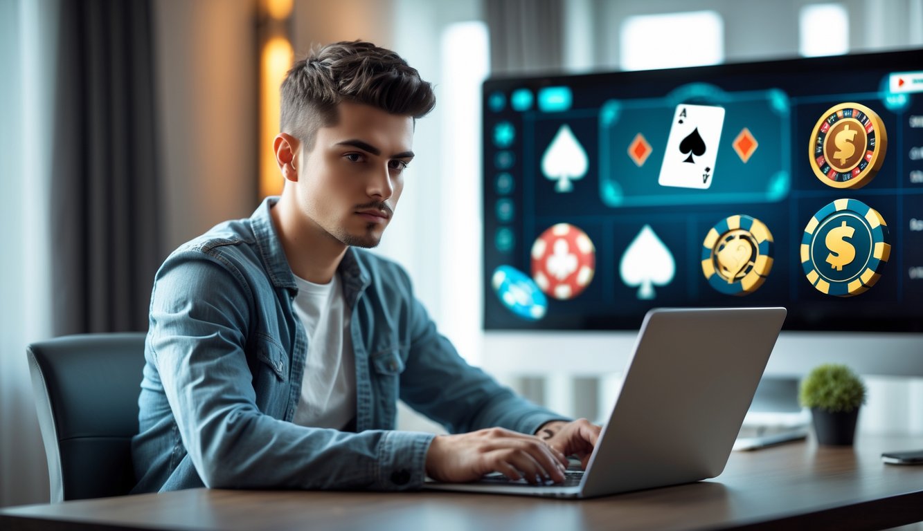 Seorang pria muda duduk di meja dengan laptop, fokus menggunakan situs judi online di ruangan yang terang dan rapi.