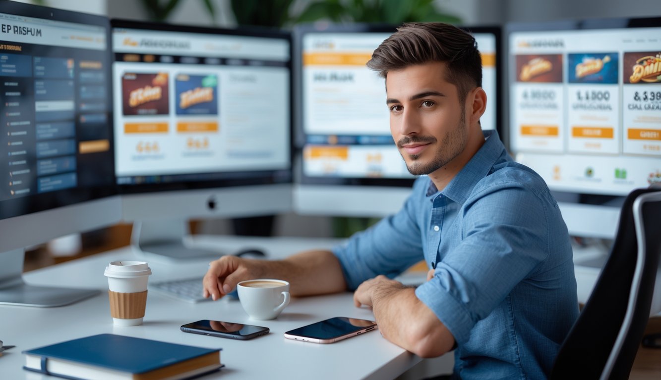 Seorang pria muda duduk di meja dengan beberapa layar komputer menampilkan situs judi online, terlihat fokus dan profesional.