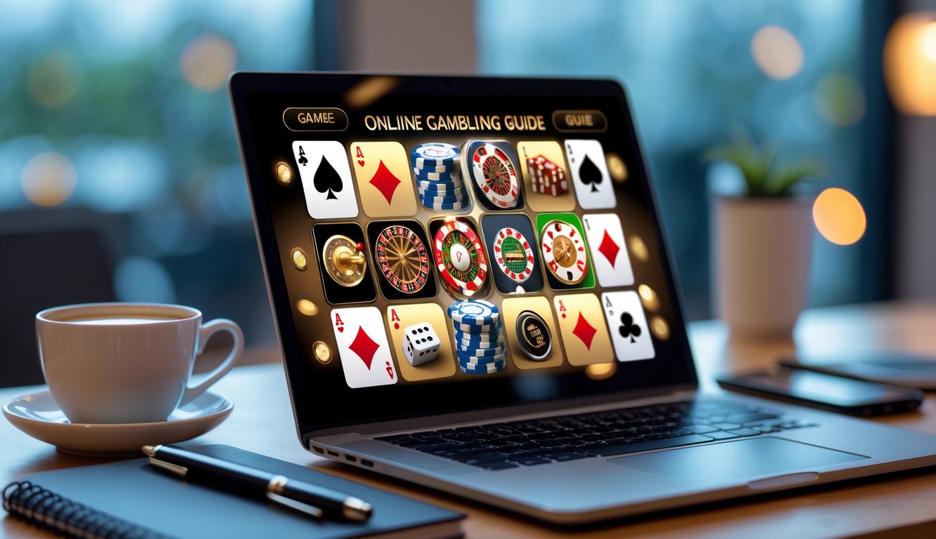 Meja kerja dengan laptop yang menampilkan antarmuka permainan judi online populer, disertai cangkir kopi, buku catatan, dan ponsel.