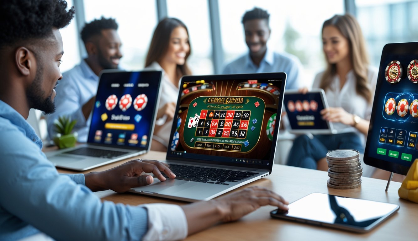 Beberapa orang menggunakan perangkat digital untuk bermain permainan judi online populer dalam suasana yang terang dan profesional.