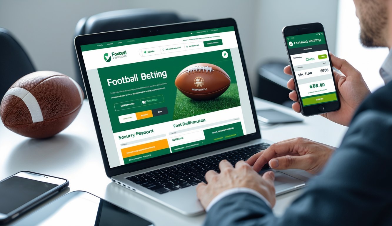 Seseorang menggunakan laptop dan ponsel untuk bertaruh sepak bola online di meja kerja yang rapi dengan bola sepak di samping.