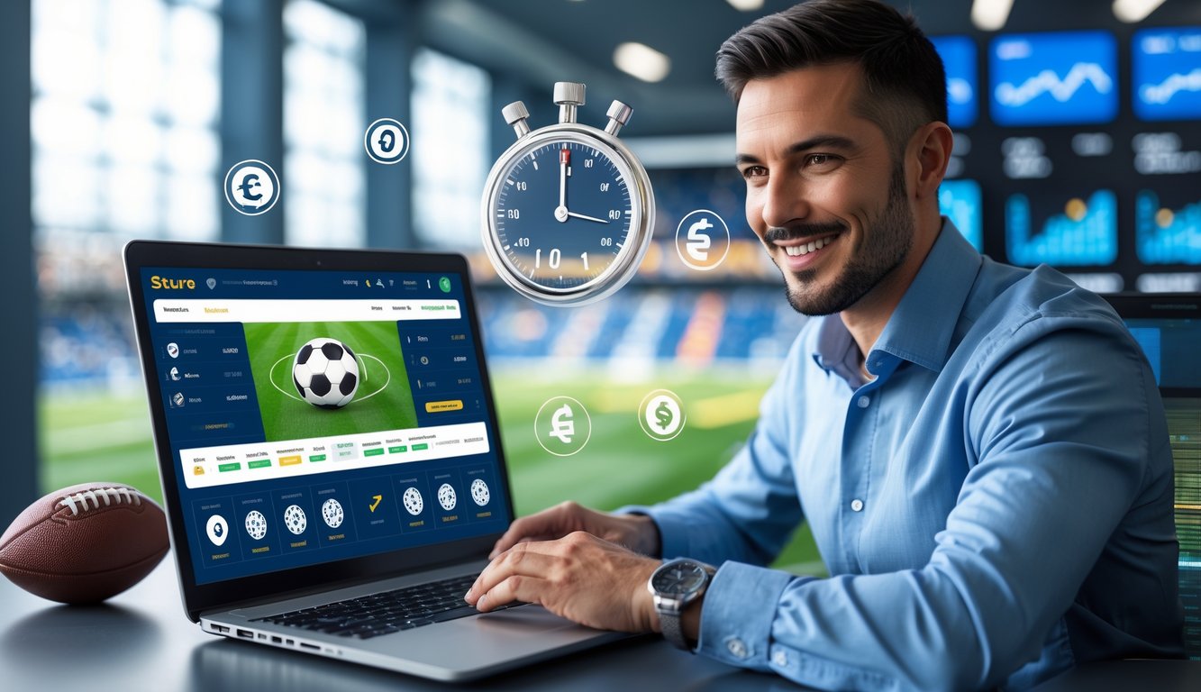 Seorang pria menggunakan laptop di kantor modern dengan ikon sepak bola dan simbol transaksi digital di layar.