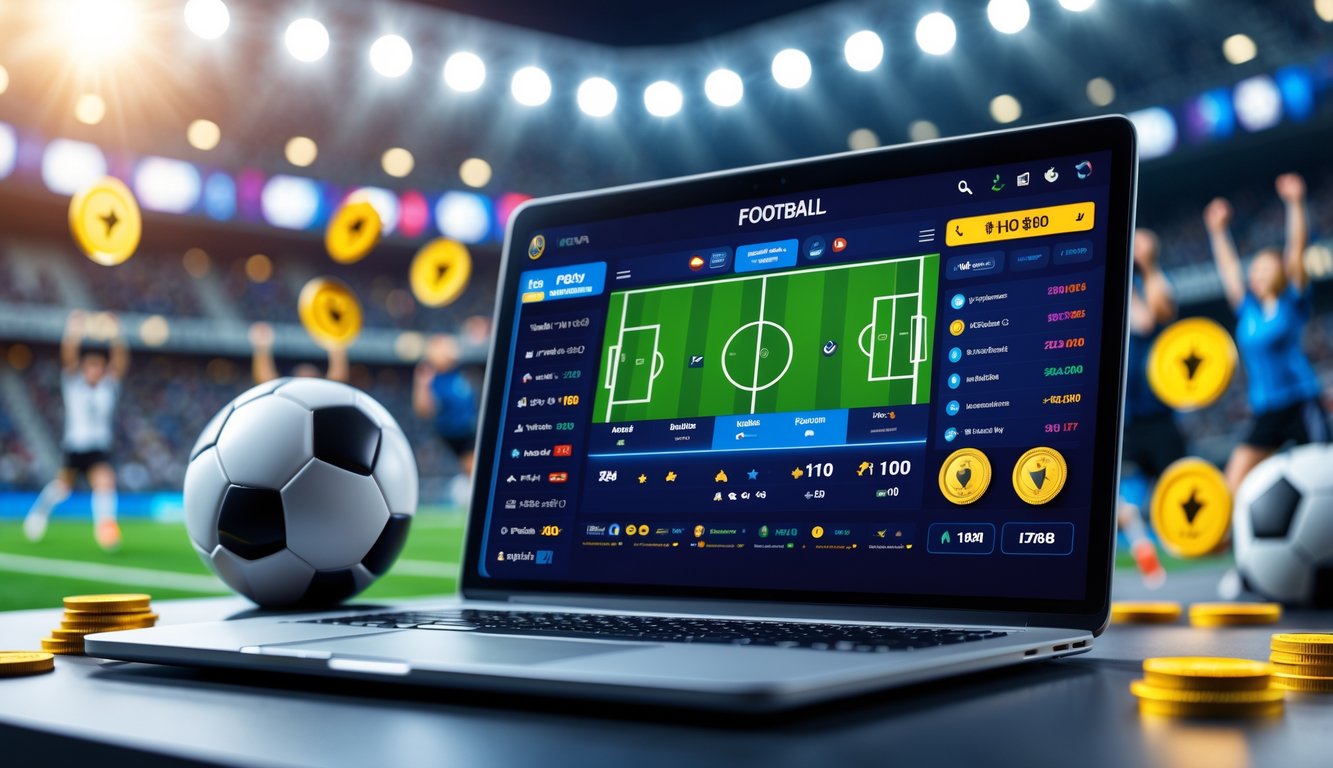 Seorang pengguna sedang melihat layar perangkat dengan tampilan taruhan sepak bola online, bola sepak terlihat di dekatnya dan latar belakang menampilkan suasana stadion yang meriah.