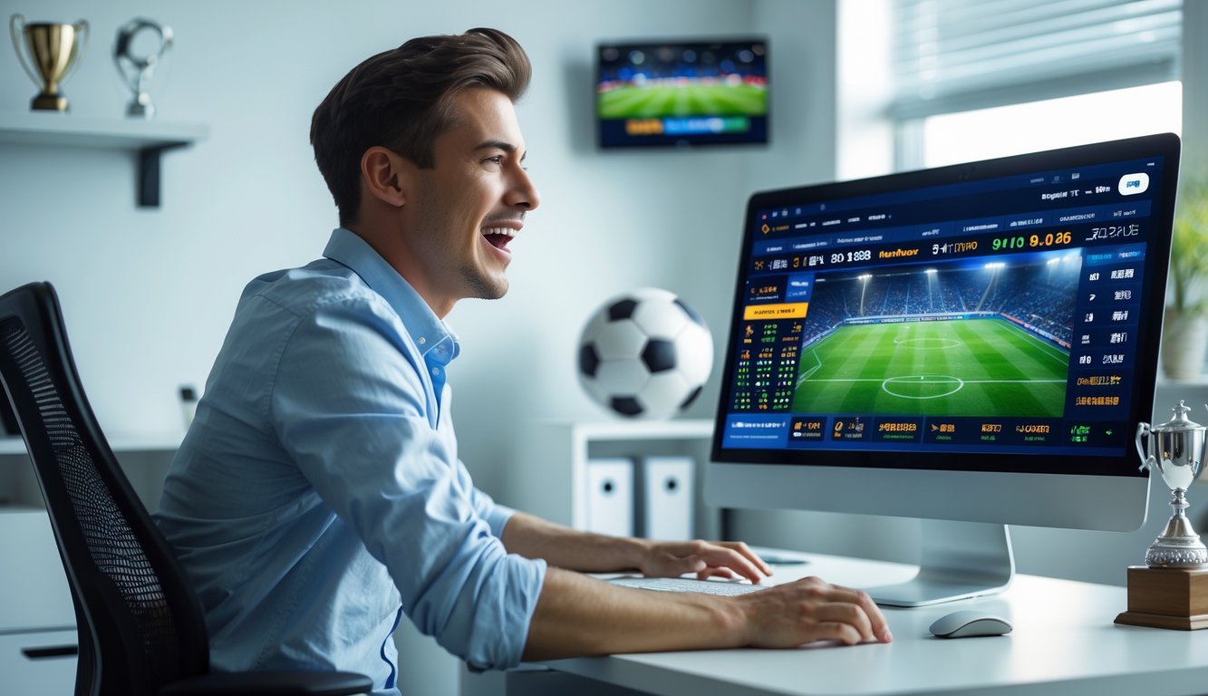 Seorang pria muda duduk di meja kerja dengan komputer yang menampilkan antarmuka taruhan sepak bola online, di latar belakang terdapat bola sepak dan piala kecil.