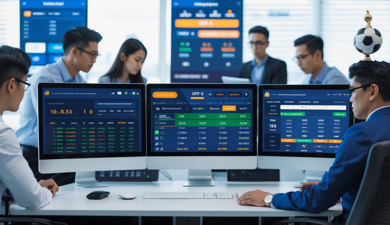 Beberapa orang sedang bekerja dengan komputer yang menampilkan data pertandingan sepak bola dan pilihan taruhan online di sebuah ruang kerja modern.