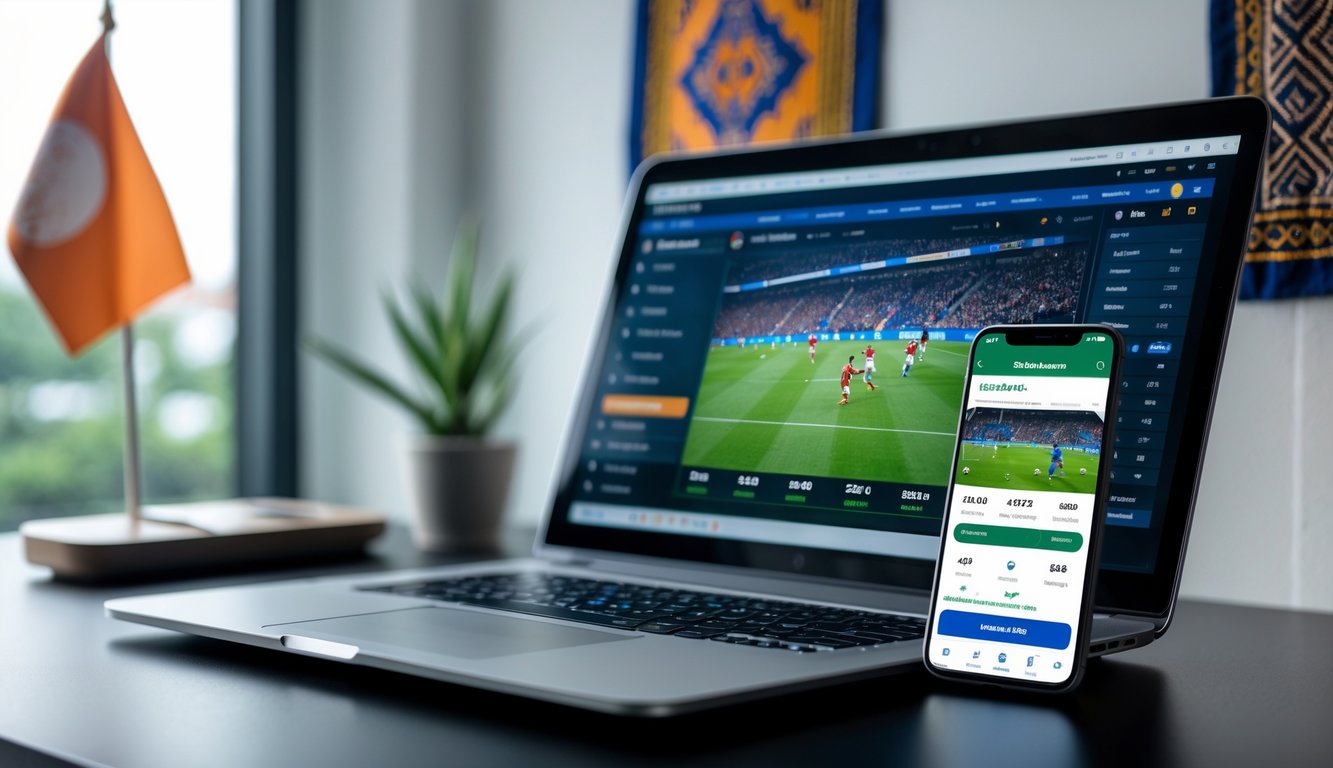 Meja kerja modern dengan laptop yang menampilkan pertandingan sepak bola dan ponsel dengan aplikasi taruhan, dilengkapi elemen budaya Indonesia di latar belakang.
