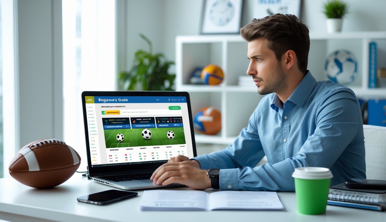Seorang pria muda duduk di meja dengan laptop yang menampilkan situs taruhan sepak bola online, dikelilingi bola sepak, ponsel, dan buku panduan.