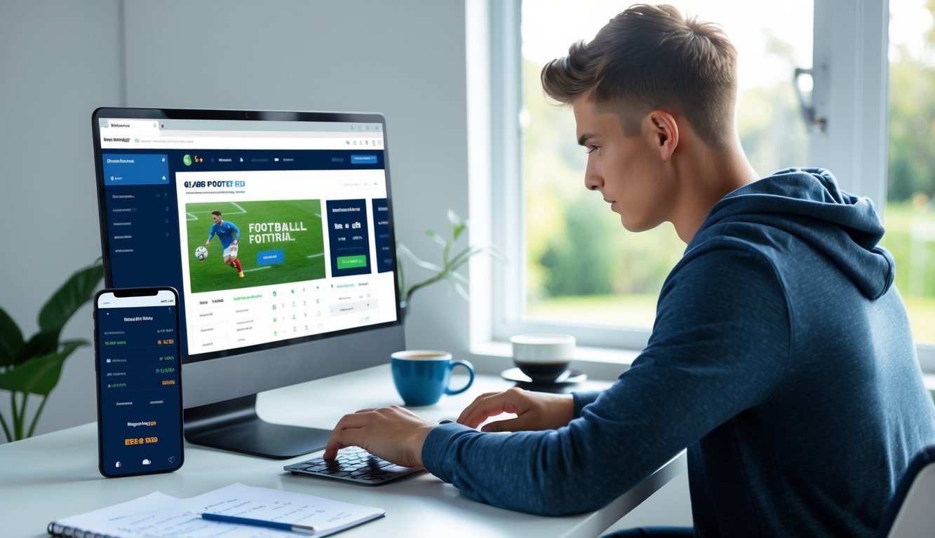 Seorang pria muda duduk di meja dengan laptop terbuka, fokus pada layar yang menampilkan situs taruhan sepak bola online, di ruang kerja rumah yang terang.