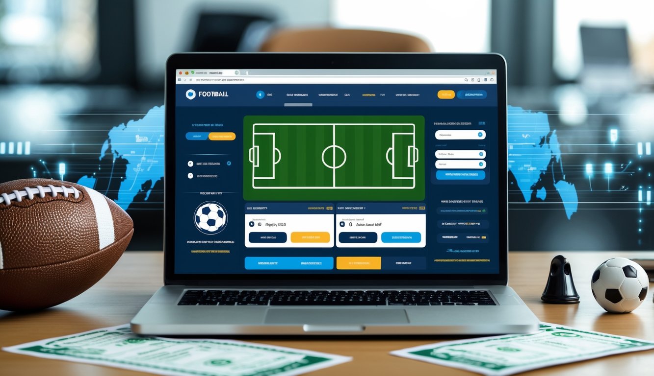 Seseorang menggunakan laptop dengan tampilan situs taruhan sepak bola online, dikelilingi bola sepak dan alat terkait taruhan.