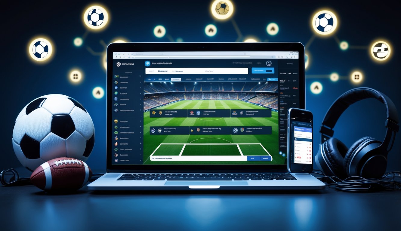 Seorang pria menggunakan laptop di meja kerja dengan bola sepak di sampingnya dan layar menampilkan informasi tentang liga sepak bola dunia.