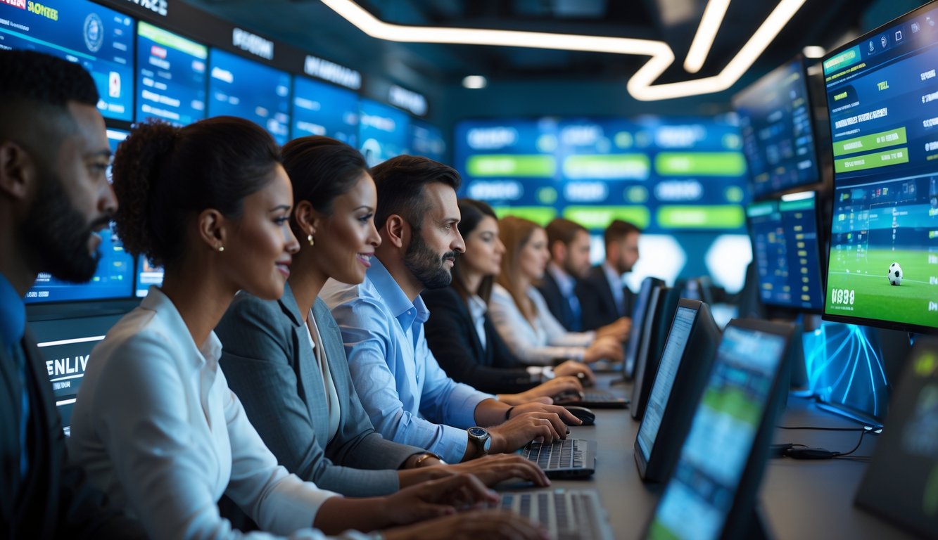 Orang-orang fokus menggunakan layar digital yang menampilkan pertandingan sepak bola dari berbagai liga dunia dalam suasana kantor modern.