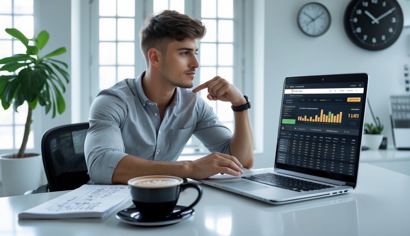 Seorang pria muda duduk di meja kerja dengan laptop yang menampilkan situs taruhan sepak bola, dikelilingi oleh ponsel, kopi, dan catatan strategi.