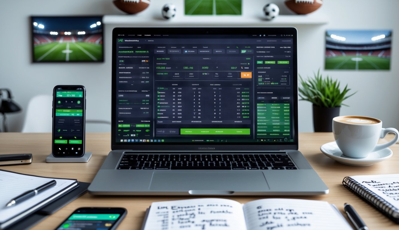Sebuah ruang kerja dengan laptop yang menampilkan antarmuka taruhan sepak bola online, smartphone dengan pertandingan sepak bola, buku catatan, dan cangkir kopi di meja.