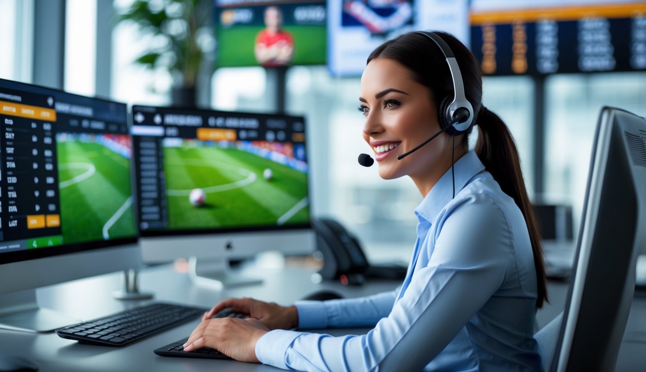 Seorang perwakilan layanan pelanggan dengan headset duduk di meja kantor modern, di depan layar komputer yang menampilkan statistik pertandingan sepak bola dan peluang taruhan.
