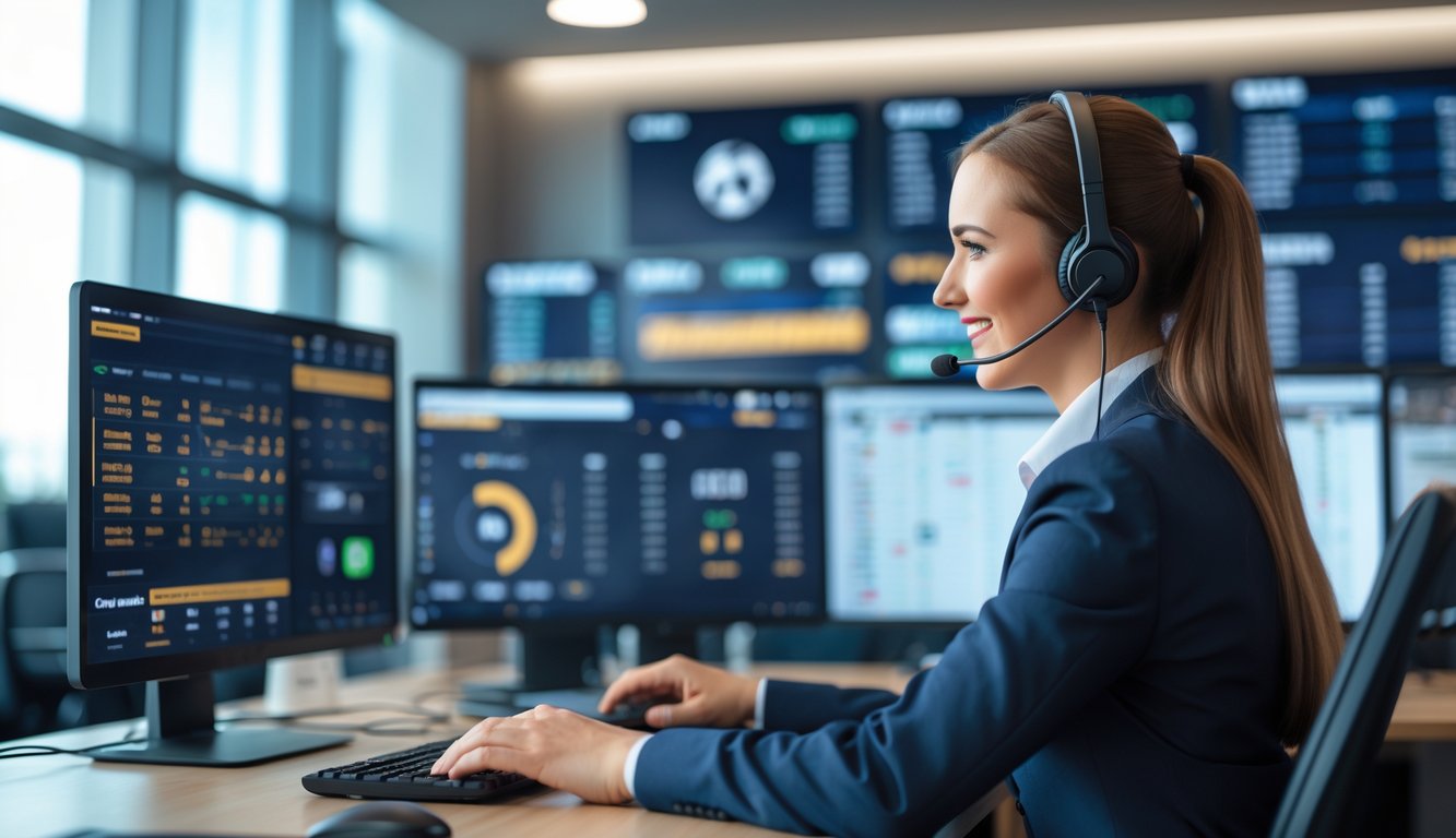 Seorang petugas layanan pelanggan sedang berbicara dengan klien di kantor modern dengan layar komputer menampilkan statistik dan skor pertandingan sepak bola.