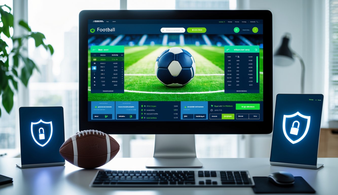 Sebuah meja kerja modern dengan komputer menampilkan antarmuka taruhan sepak bola online dan bola sepak di sampingnya.
