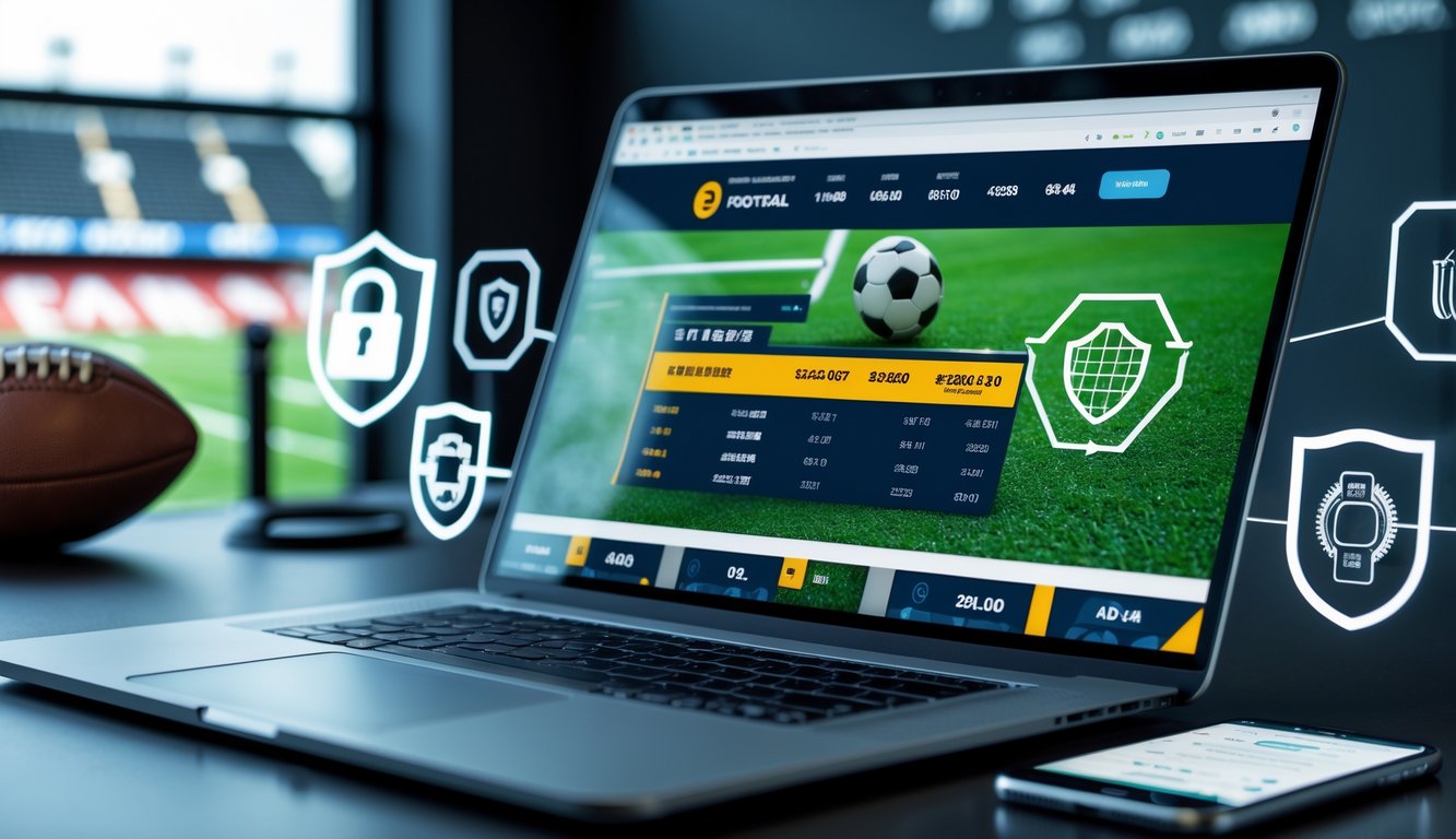Seorang pengguna bekerja dengan laptop yang menampilkan situs taruhan sepak bola online dengan ikon keamanan di meja kerja modern.