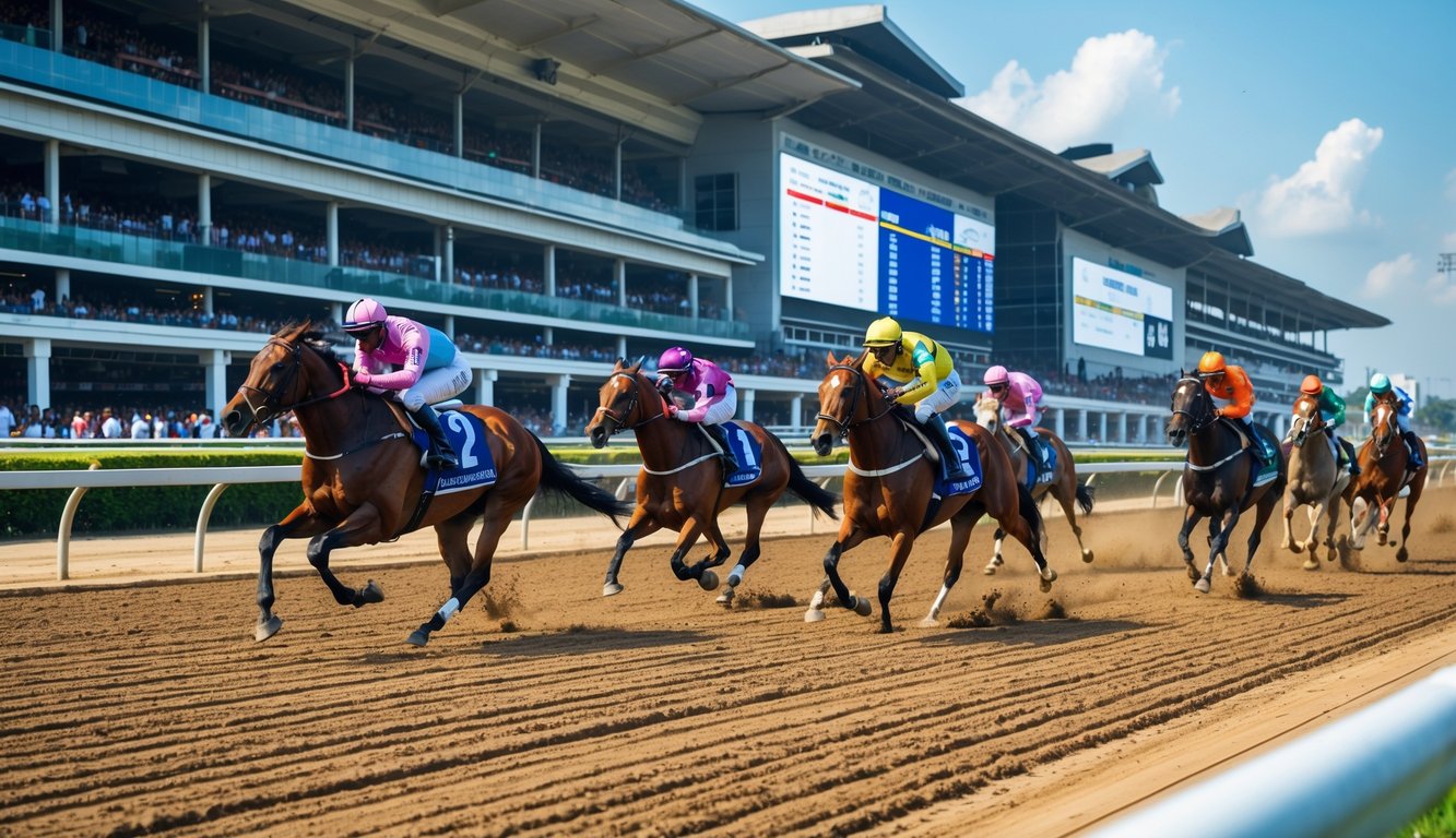 Beberapa kuda pacuan dengan joki berwarna-warni sedang berlomba di lintasan pacu dengan tribun penuh penonton di latar belakang.