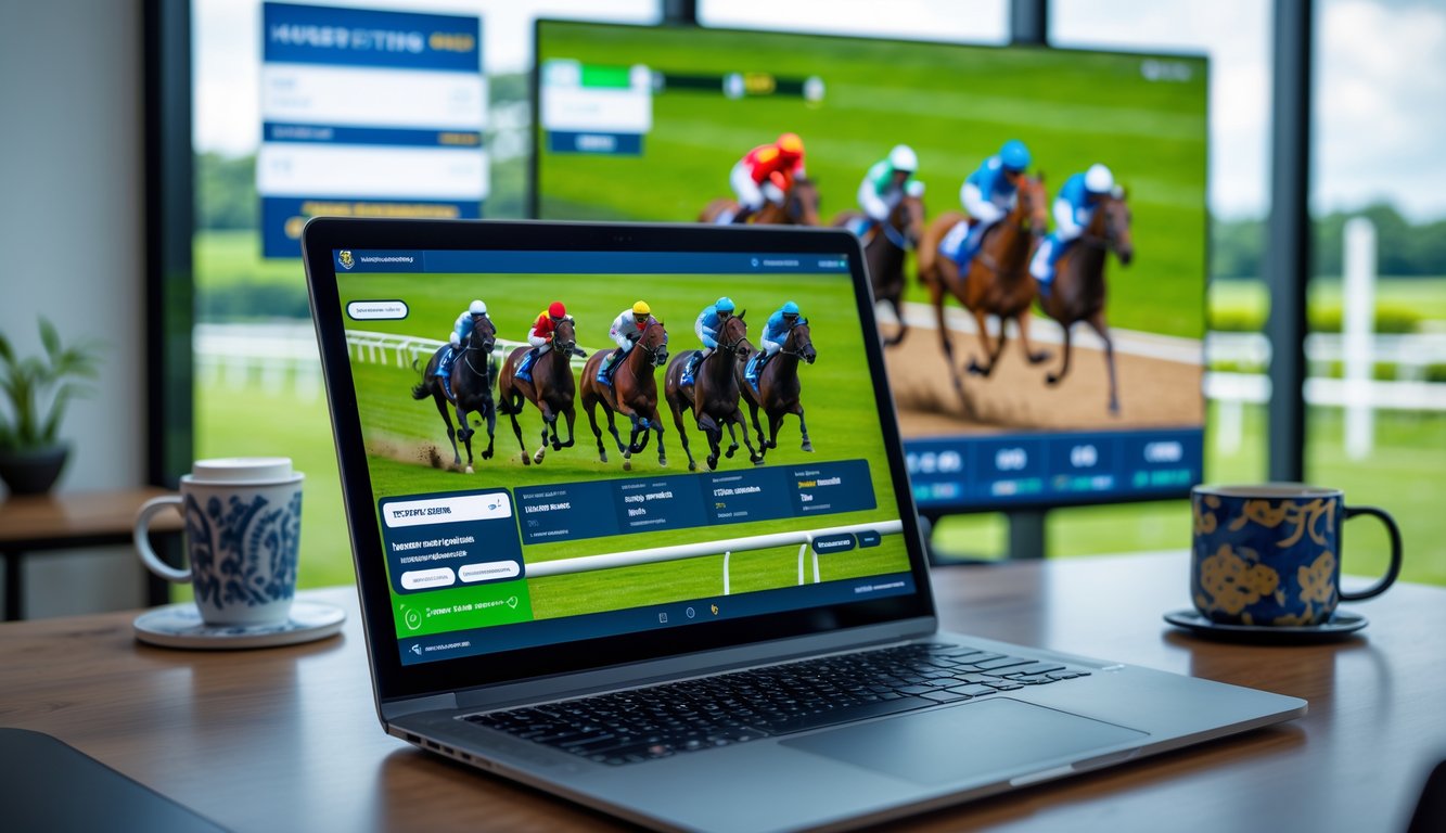 Seorang profesional menggunakan laptop dengan tampilan balapan kuda dan layar besar menampilkan balapan kuda berlangsung di latar belakang.