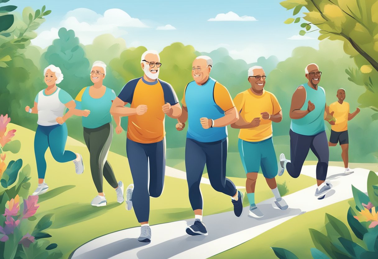A digital illustration of people running in a park