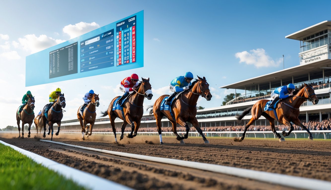 Balapan kuda di lintasan dengan joki mengenakan pakaian berwarna-warni dan penonton di tribun, menunjukkan suasana taruhan pacuan kuda online yang cepat dan terpercaya.