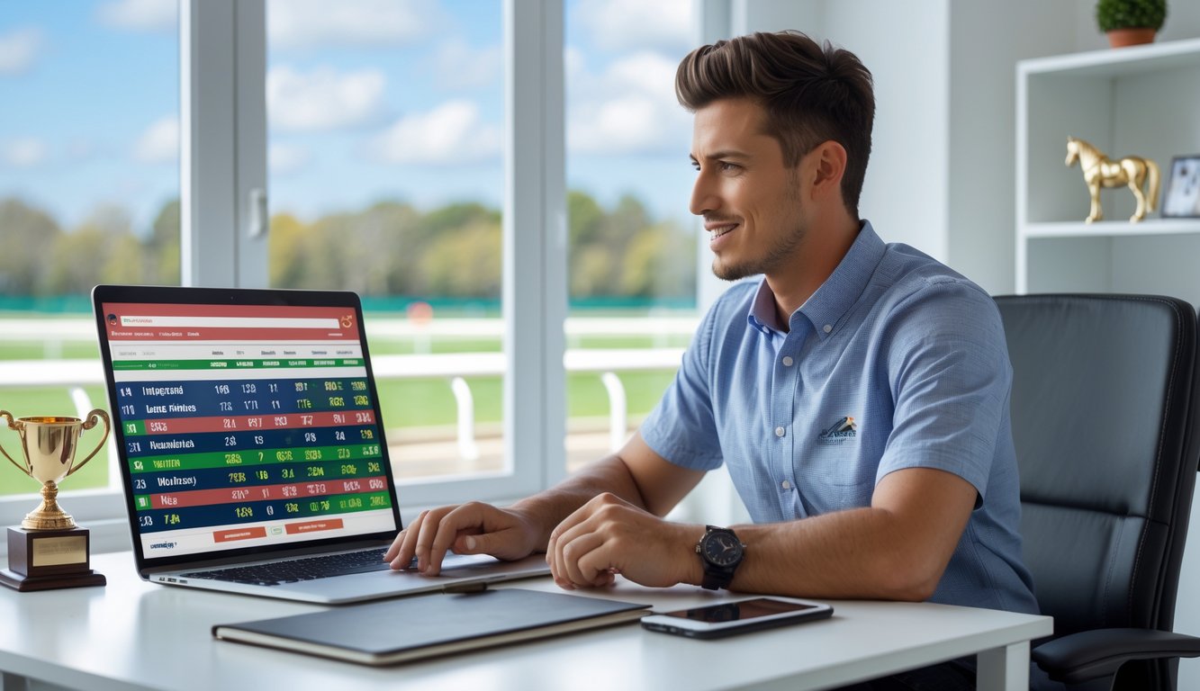 Seorang pria muda duduk di meja kerja dengan laptop, melihat data pacuan kuda online di ruang kantor rumah yang terang dan rapi.