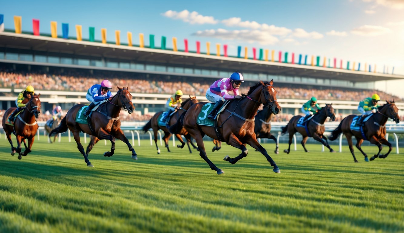 Beberapa kuda pacuan berlari cepat di lintasan dengan joki mengenakan pakaian warna-warni, penonton di tribun terlihat ramai dan cuaca cerah.