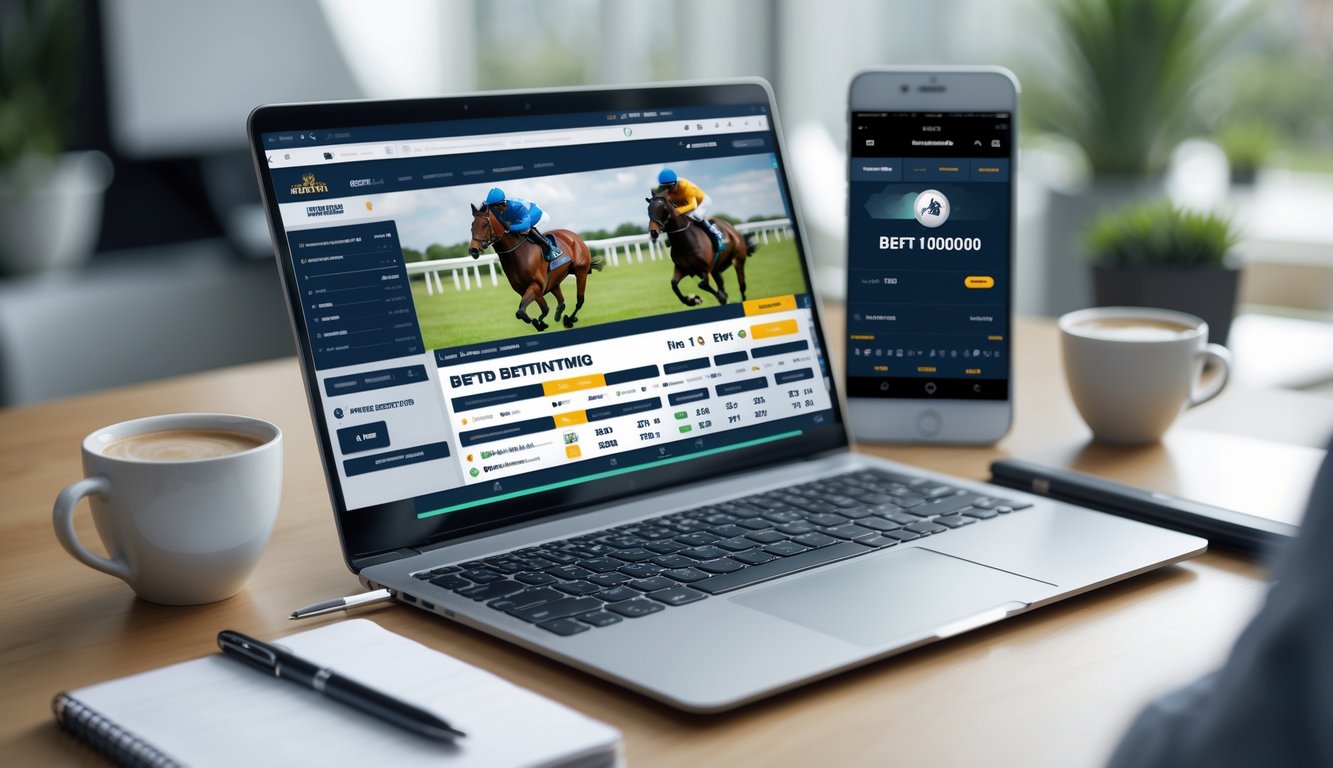 Sebuah meja kerja modern dengan laptop yang menampilkan situs taruhan pacuan kuda online, smartphone dengan aplikasi taruhan, dan alat tulis di sekitarnya.