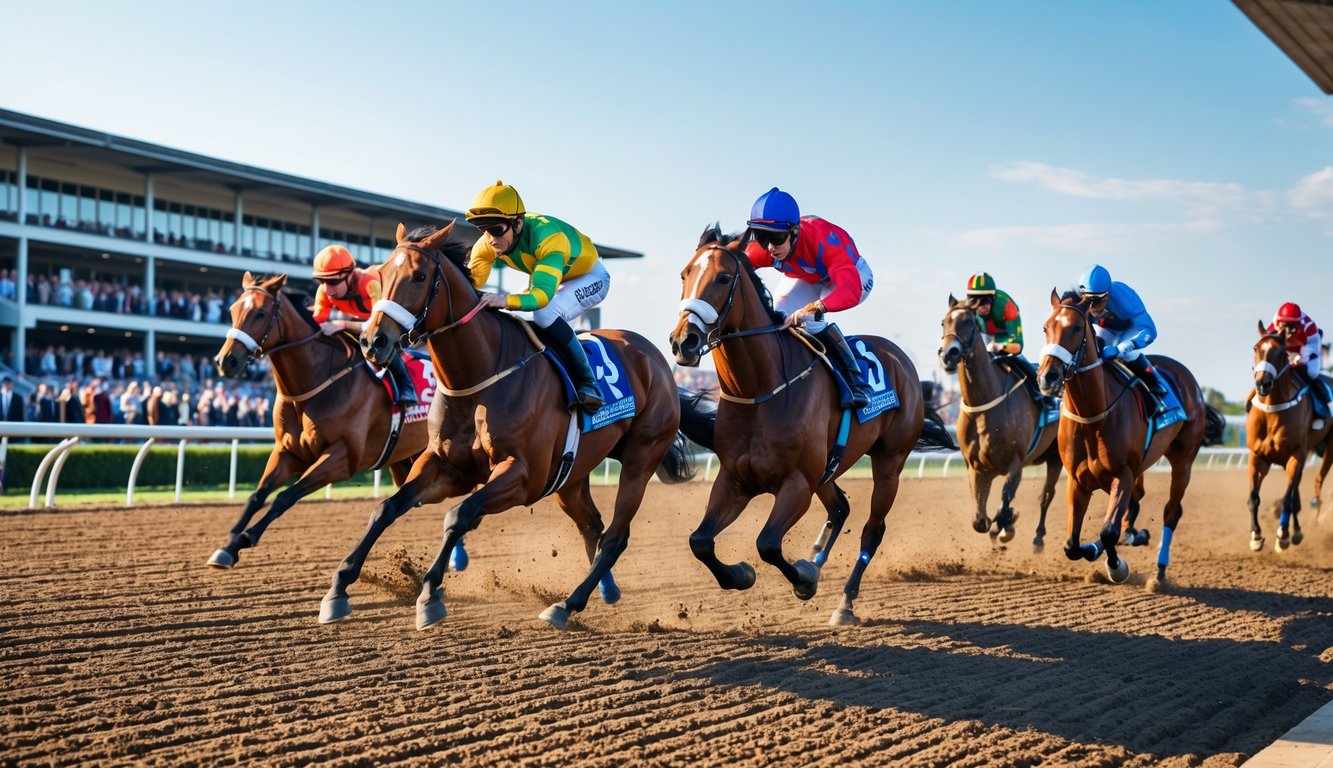 Beberapa kuda pacuan dengan joki sedang berlari cepat di lintasan pacuan dengan penonton di tribun latar belakang.