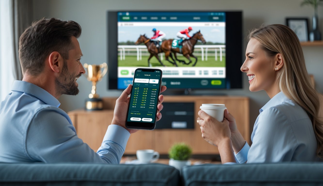 Seorang pria dan wanita duduk di ruang tamu modern, menonton balapan kuda di televisi sambil menggunakan aplikasi taruhan di ponsel.